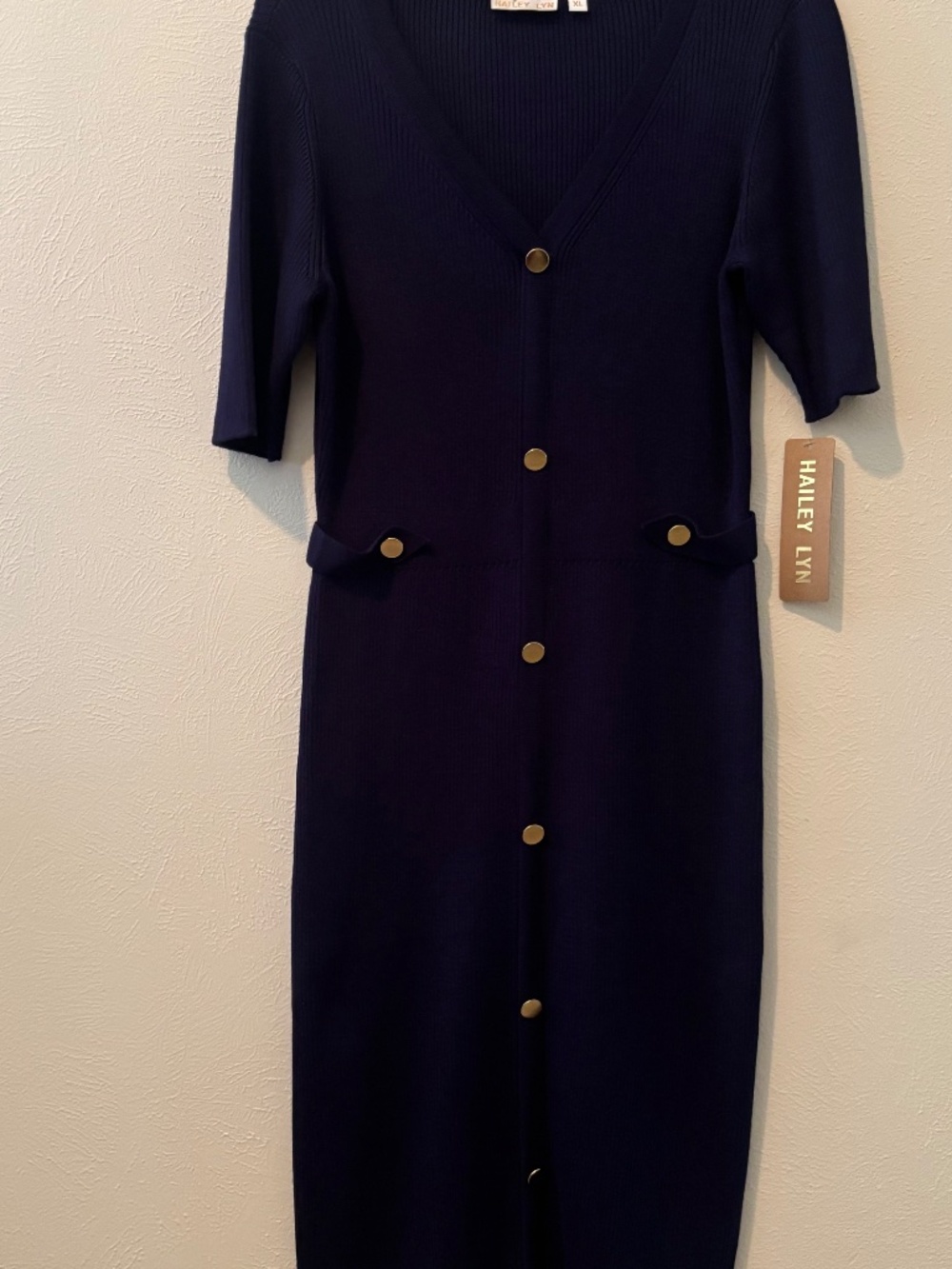Hailey Lyn Navy Short Sleeve Button Front Sweater Dress - Size XL